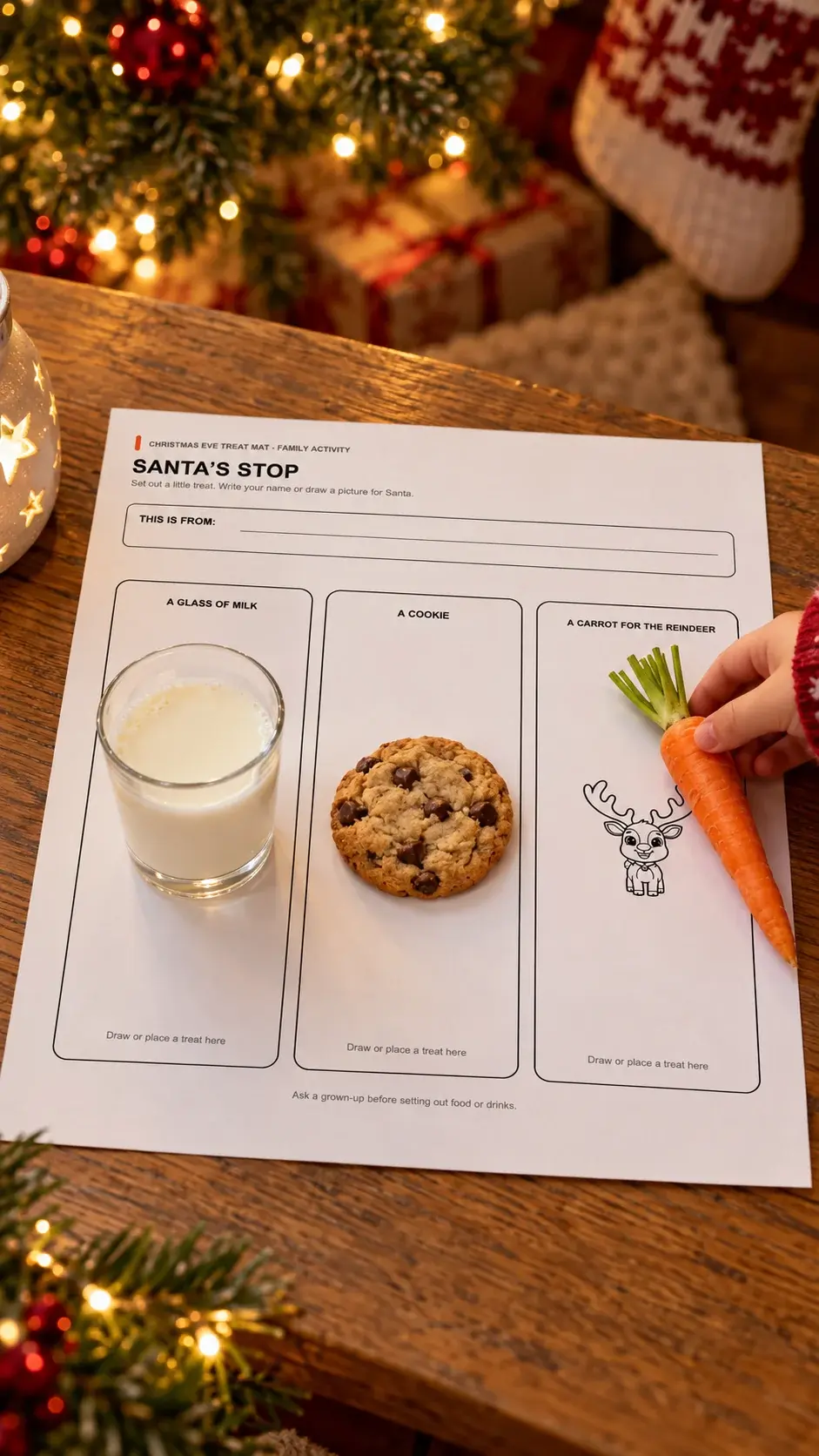 Milk, a cookie and a carrot arranged on the printable Santa’s Stop treat mat beside a Christmas tree.