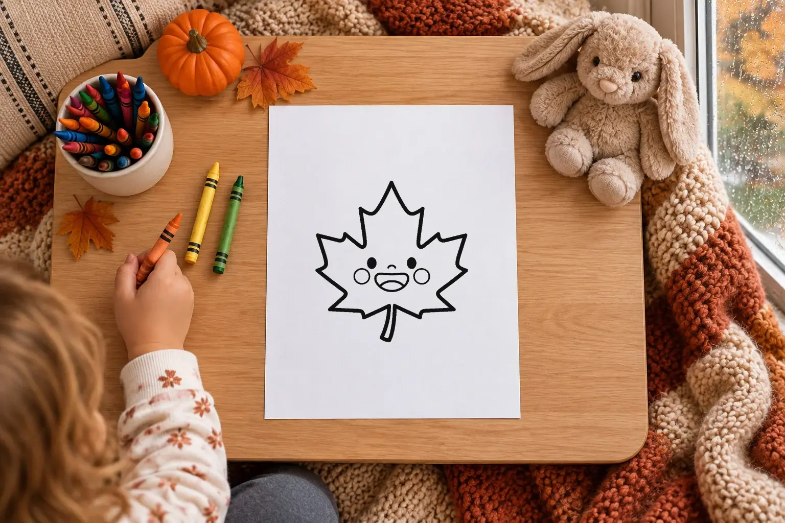 A child coloring the CPP smiling maple leaf beside crayons and a toy rabbit.
