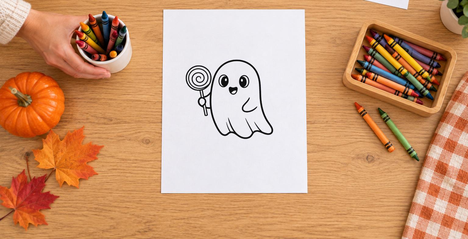Ghost with a Lollipop coloring page on a wooden table beside crayons and a hand holding a crayon cup.