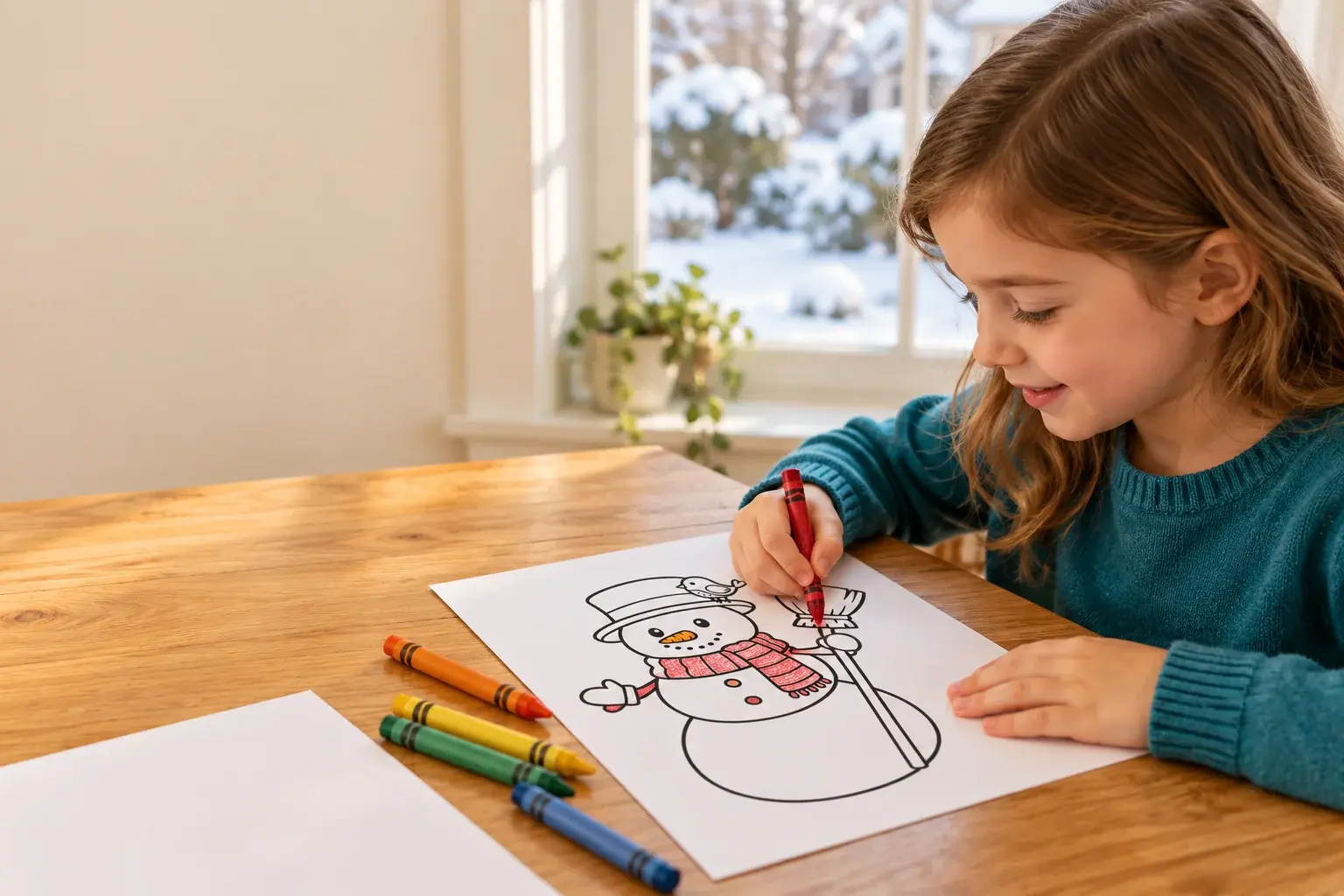 Illustration of a child coloring a snowman page beside a snowy window.