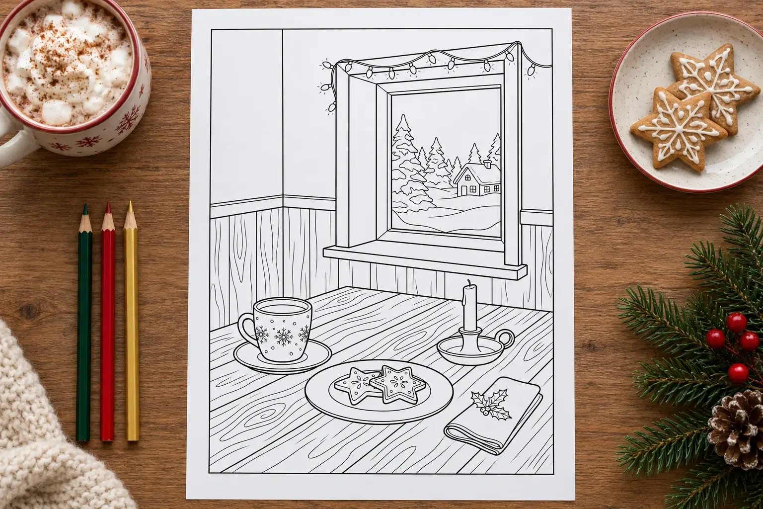 Christmas cocoa and candle coloring sheet on a wooden table beside colored pencils, a mug of cocoa and star cookies