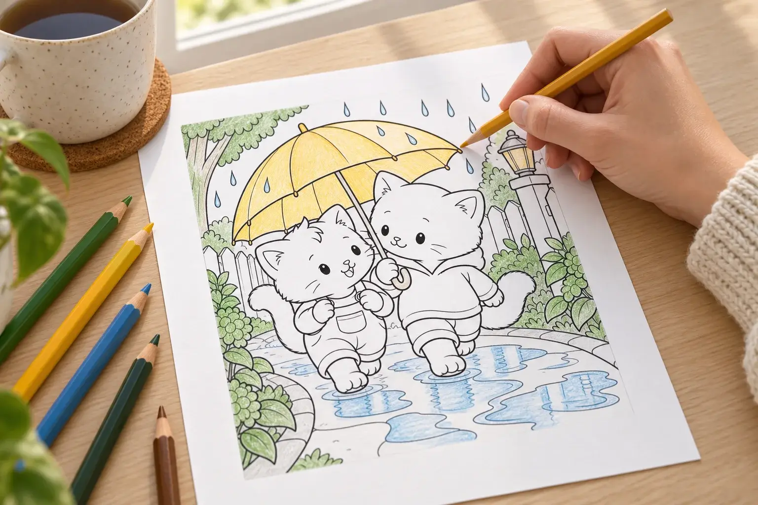 AI-styled adult coloring corner with the two kitten friends sharing an umbrella, pencils and a mug.