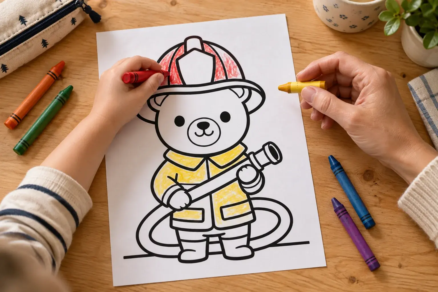 AI-styled scene of a parent offering a crayon while a child colors the Happy Town firefighter bear at a kitchen table.