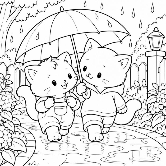 Two kitten friends sharing an umbrella on a flower-lined garden path.