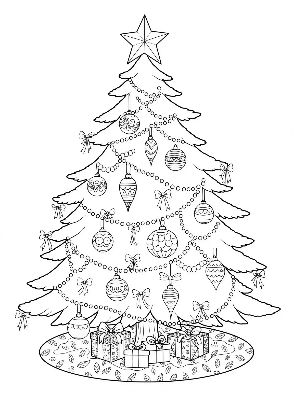 Star-topped Christmas tree with baubles, bows and garlands above wrapped presents and a tree skirt.