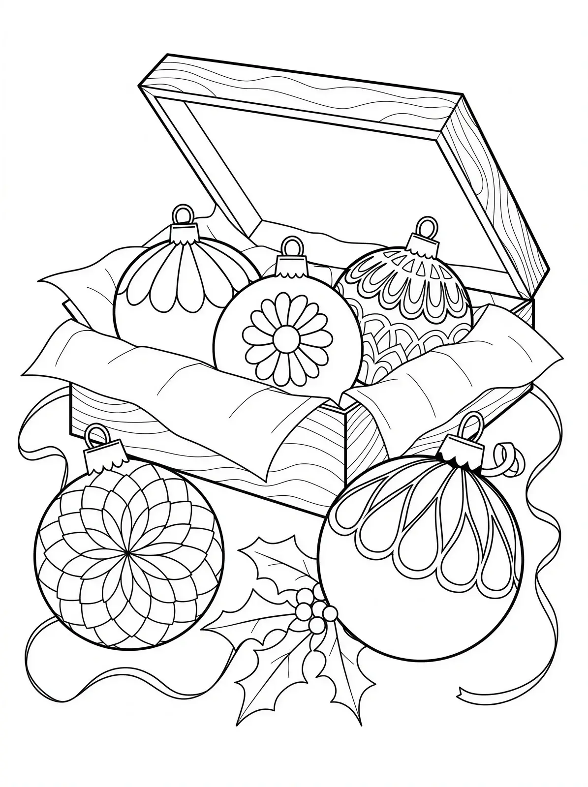 Patterned Christmas baubles in and beside an open keepsake box with tissue, ribbon and holly.