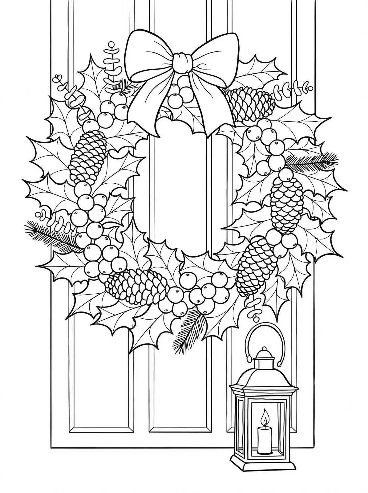 Christmas wreath with pinecones, berries and ribbon on a paneled door, with a small lantern below.