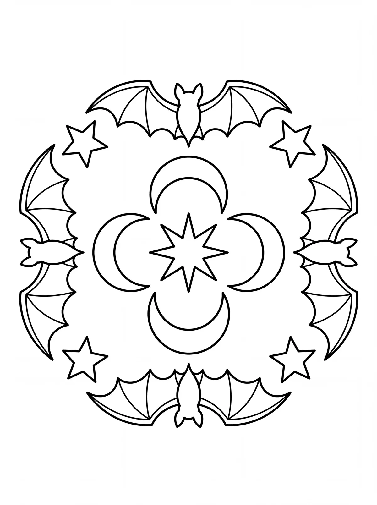 Four outlined bats and four crescent moons surround an eight-point star, with small stars between the bats.