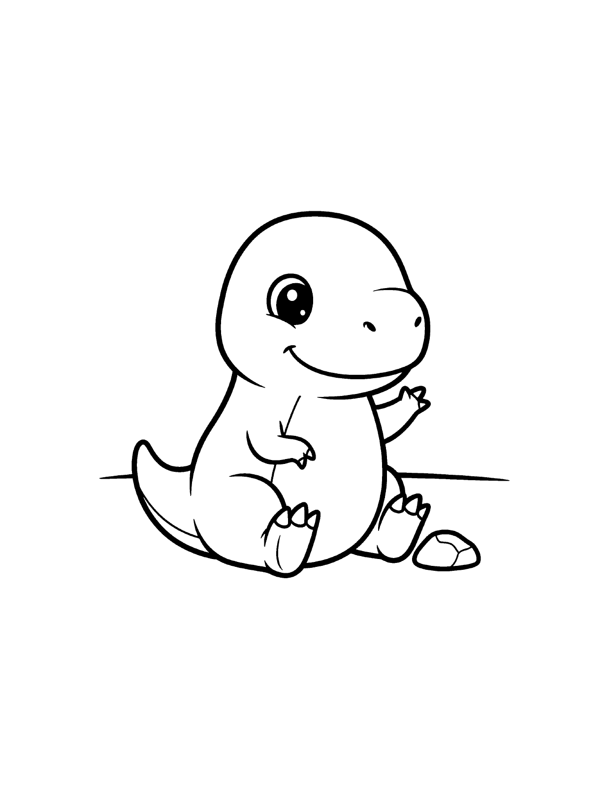 A seated baby dinosaur beside a small rock, with one little arm raised, in black-and-white coloring outlines