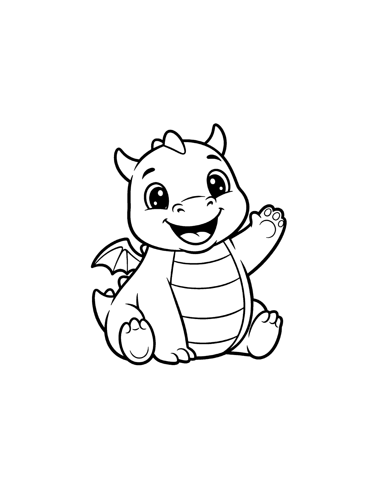 A seated baby dragon waving one paw, with a striped belly and small wings, in black-and-white coloring outlines