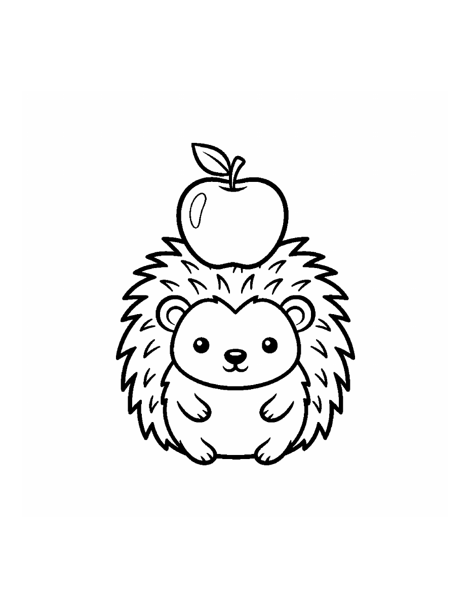A small hedgehog facing forward with an apple balanced on its head, drawn in bold black outlines