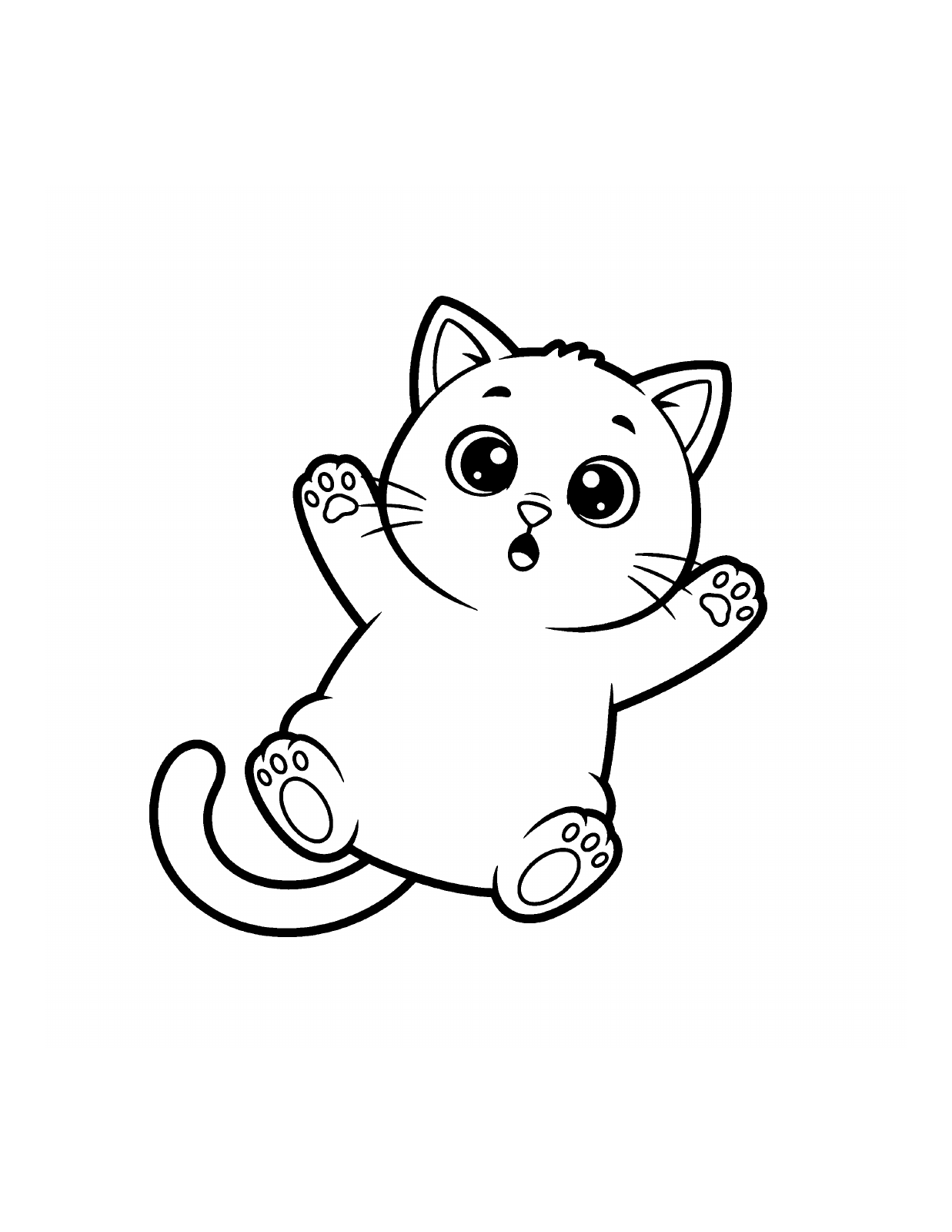 A round kitten with whiskers, a curved tail and both front paws raised, in black-and-white coloring outlines