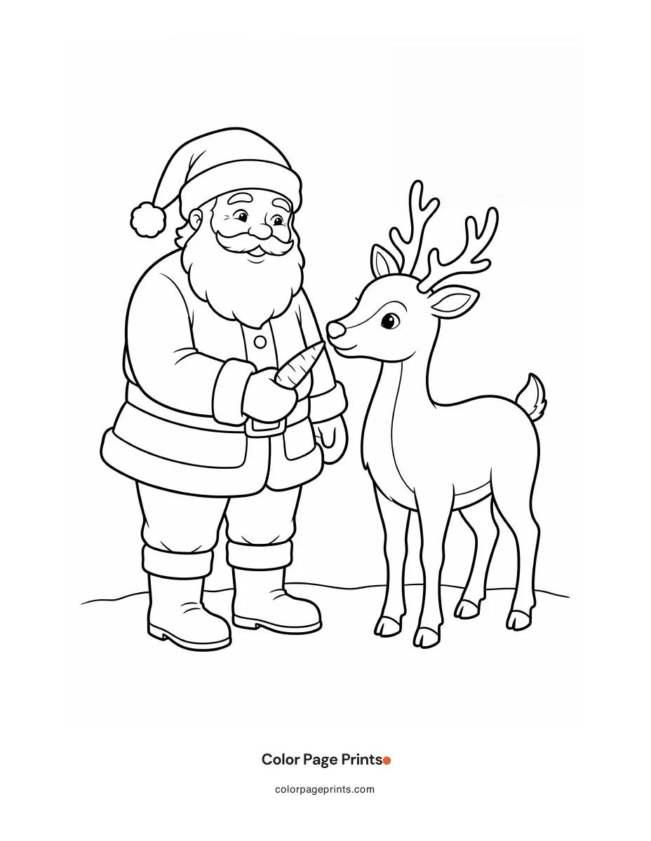 Santa holds out a carrot to a reindeer standing beside him on the snow.
