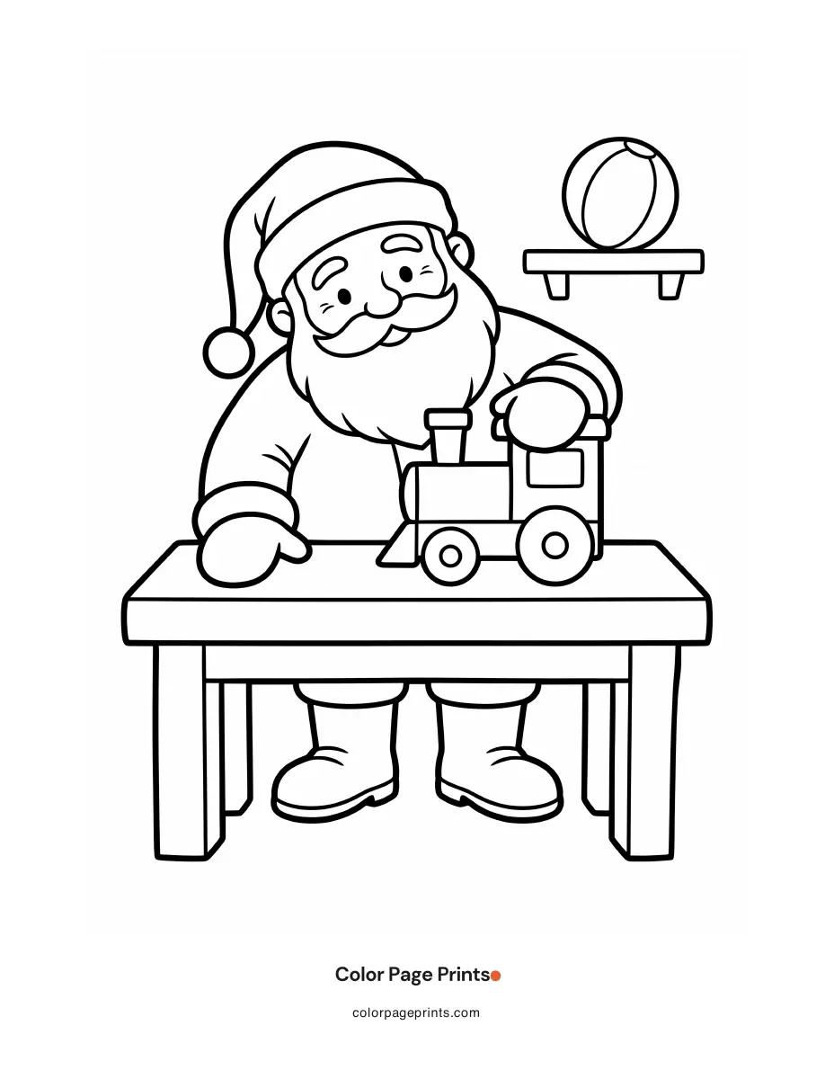 Santa stands behind a workbench with a toy train, with a ball on a shelf behind him.