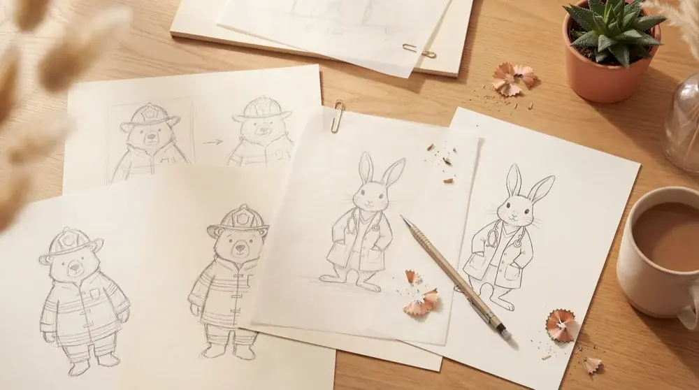 Sketches of a firefighter bear and doctor bunny arranged on a wooden desk.