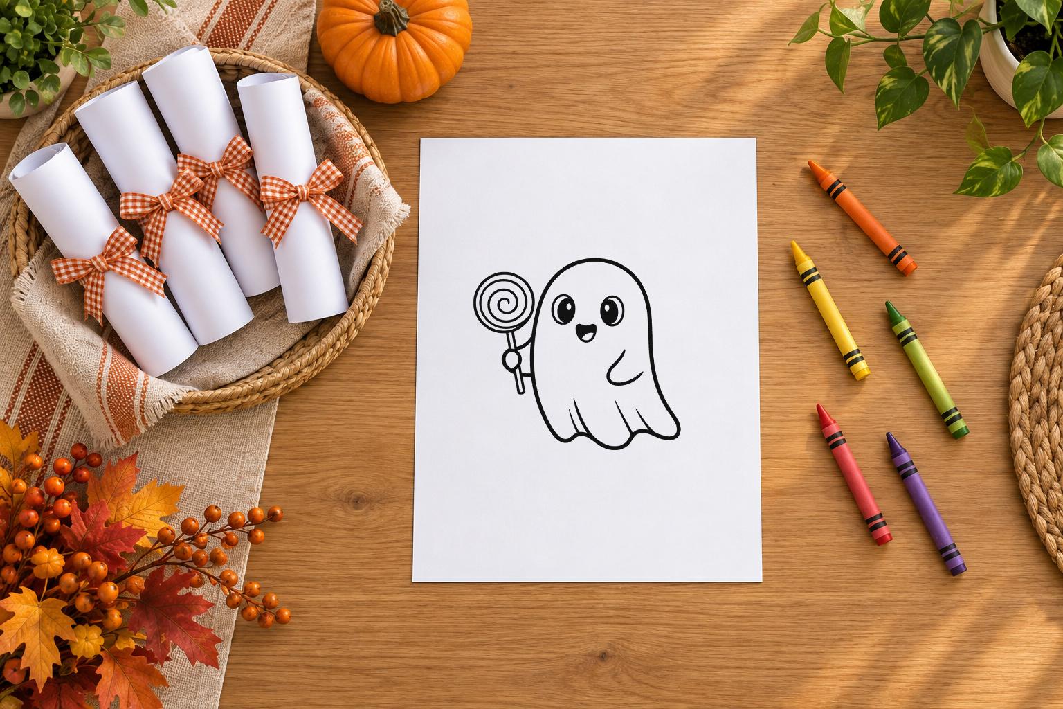 Ghost with a Lollipop page and crayons beside a basket of rolled paper tied with orange ribbons.