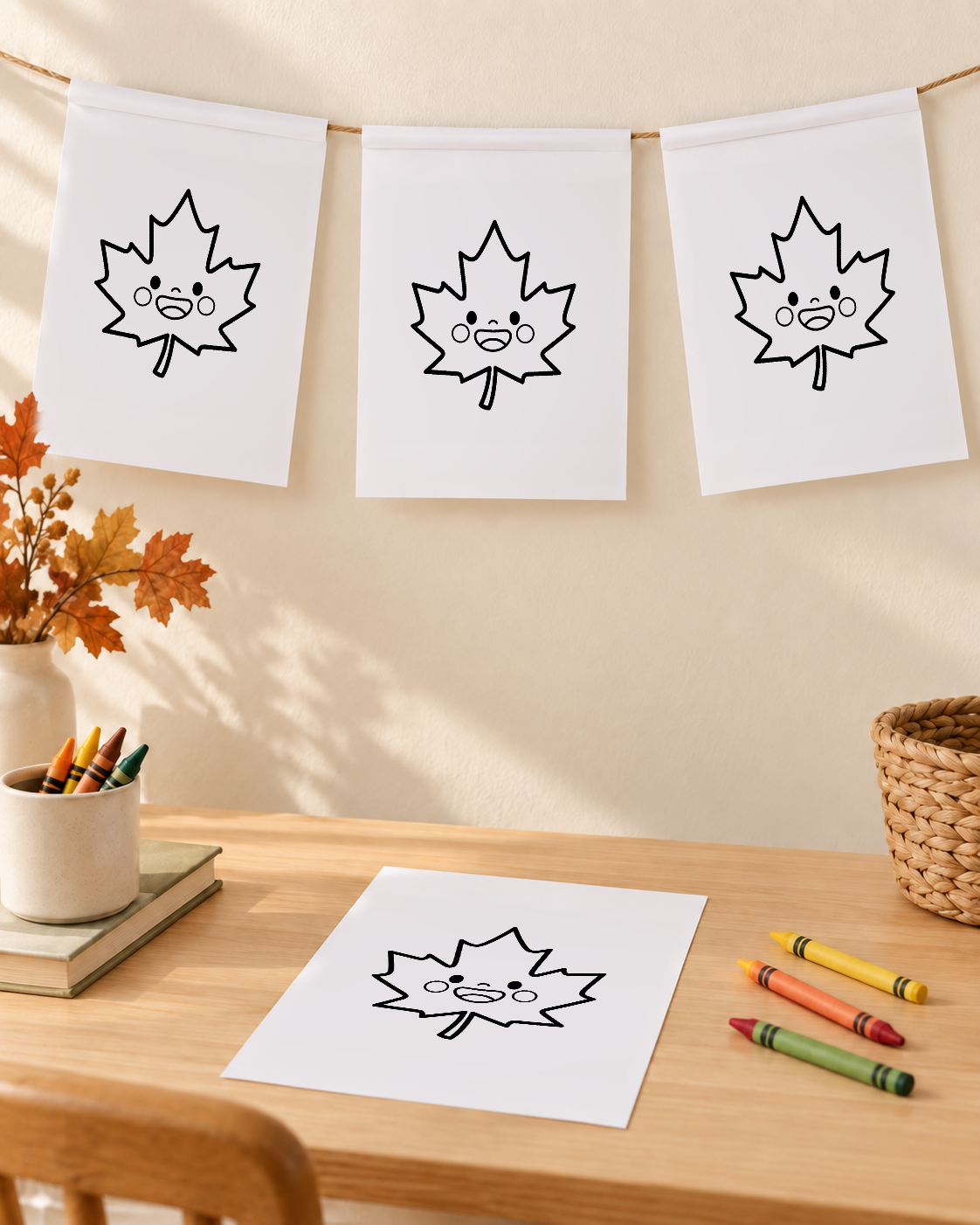 Illustrated display of three whole sheets carrying the original CPP smiling maple leaf artwork, with folded tops hanging over string and a fourth sheet beside crayons.