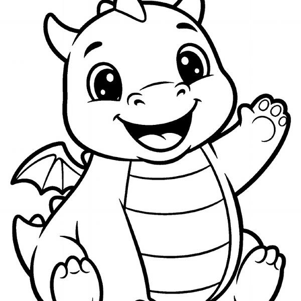Close-up of a smiling waving baby dragon showing extra-thick black outlines