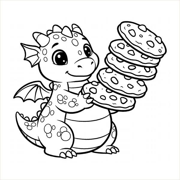 Baby dragon wobbling under a tall stack of round cookies