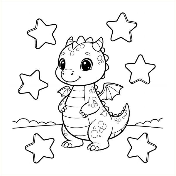 Count and color page with a baby dragon and six large stars