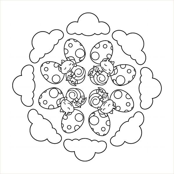 Simple dragon mandala with baby dragons, spotted eggs and puffy clouds