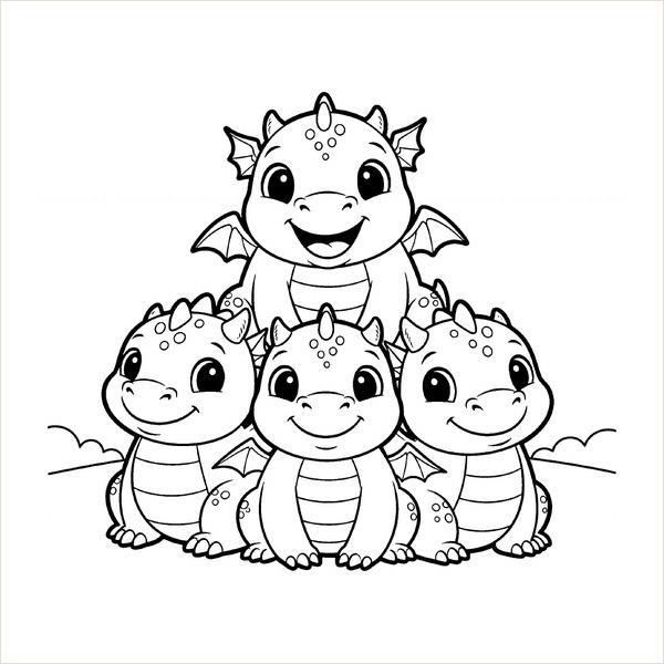 Four baby dragons stacked in a wobbly pyramid with bold easy outlines
