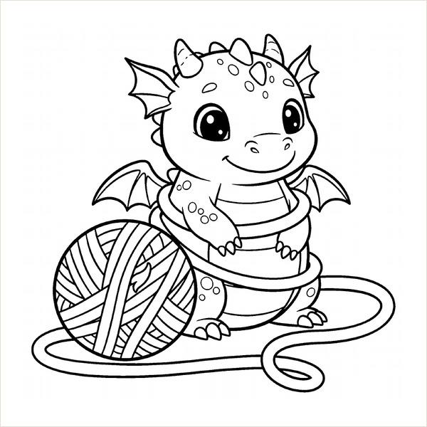 Baby dragon tangled in a large ball of yarn, drawn with thick black outlines