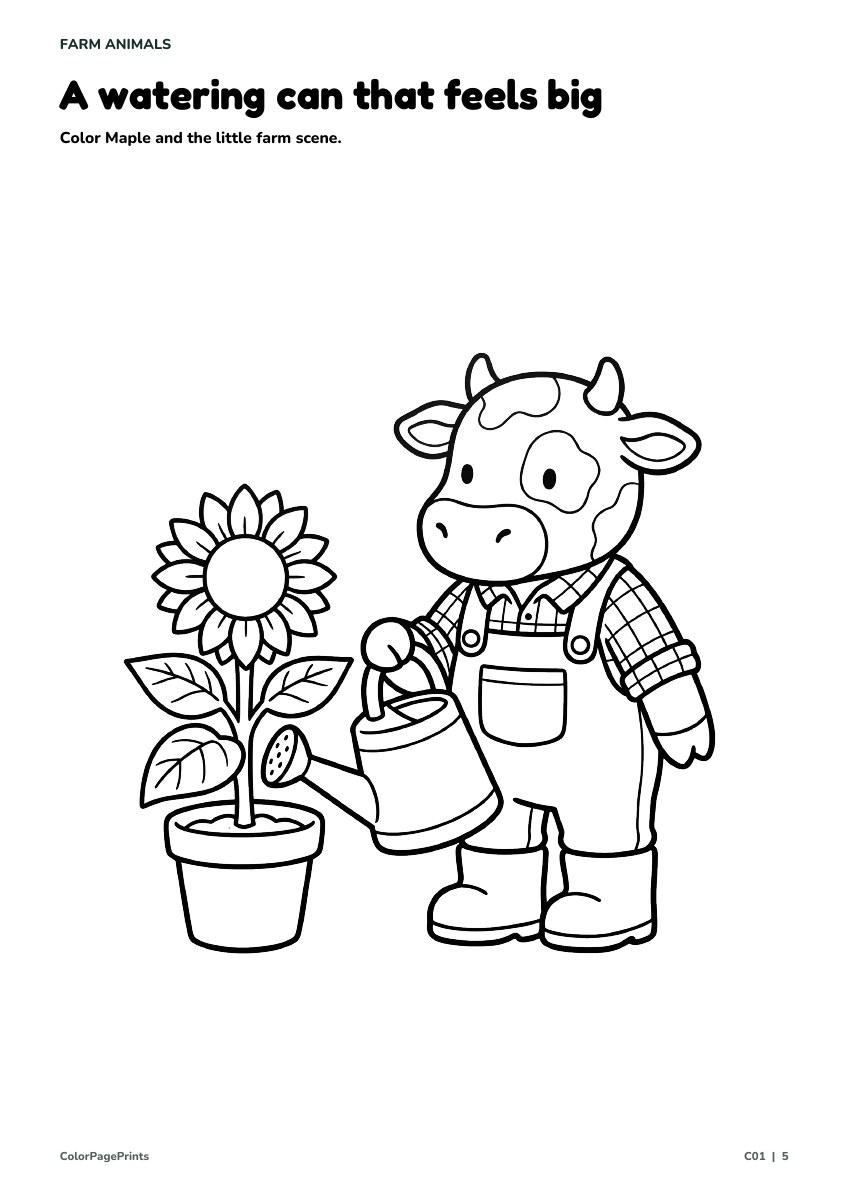 Maple the cow in a checked shirt and overalls holds a watering can beside a sunflower.