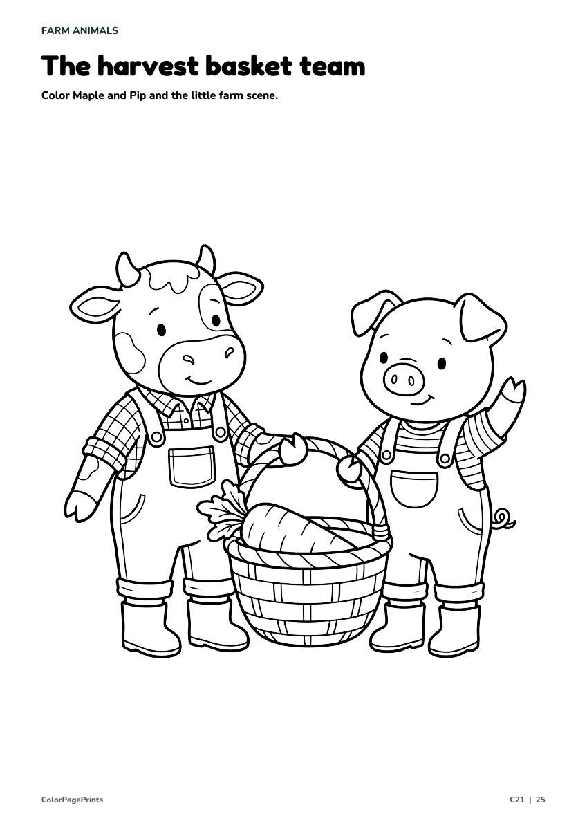 Maple the cow and Pip the pig share a basket of vegetables.
