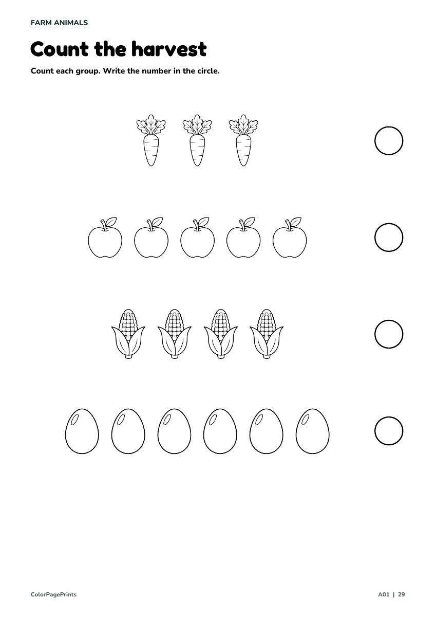 Count the harvest activity with carrots, apples, corn and eggs and circles for answers.