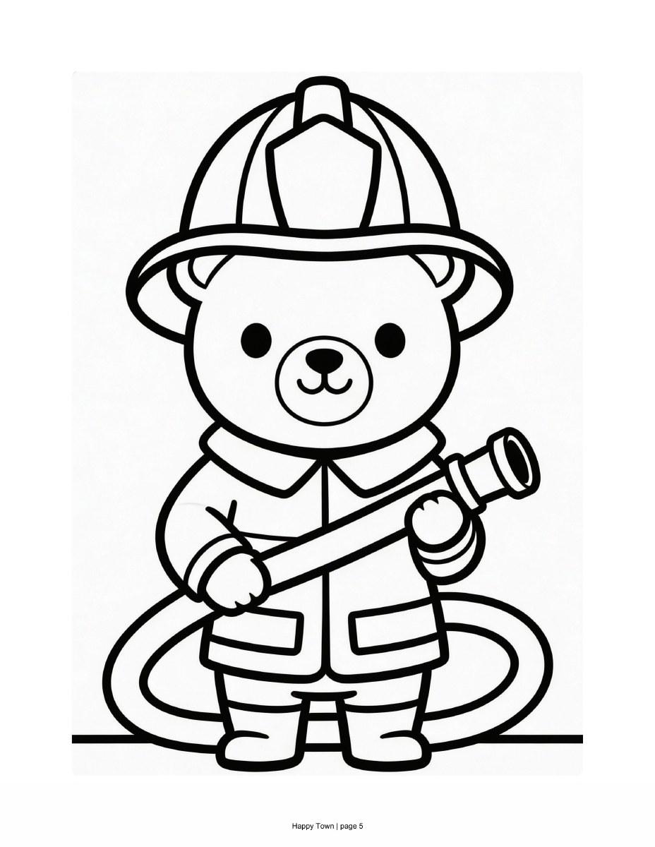 Bear firefighter in helmet and coat holding a fire hose. Black-and-white printable coloring page.