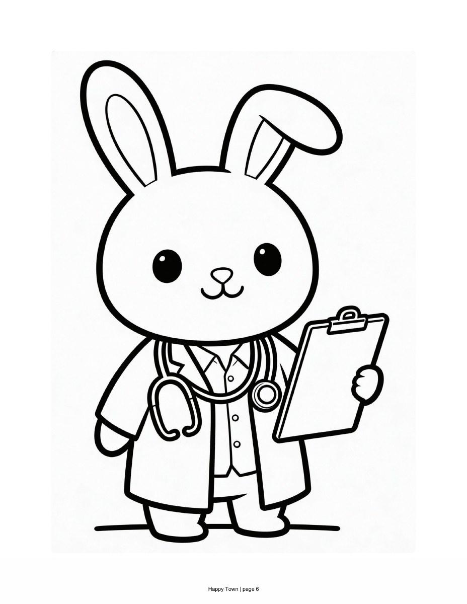 Bunny doctor in a coat, holding a clipboard and wearing a stethoscope. Black-and-white printable coloring page.
