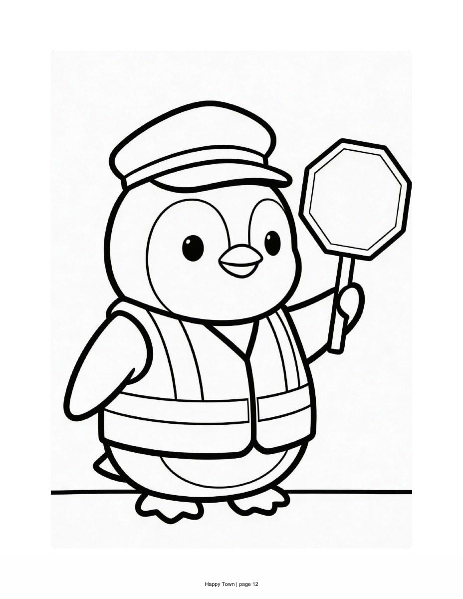 Penguin crossing guard in a reflective vest holding a stop sign. Black-and-white printable coloring page.
