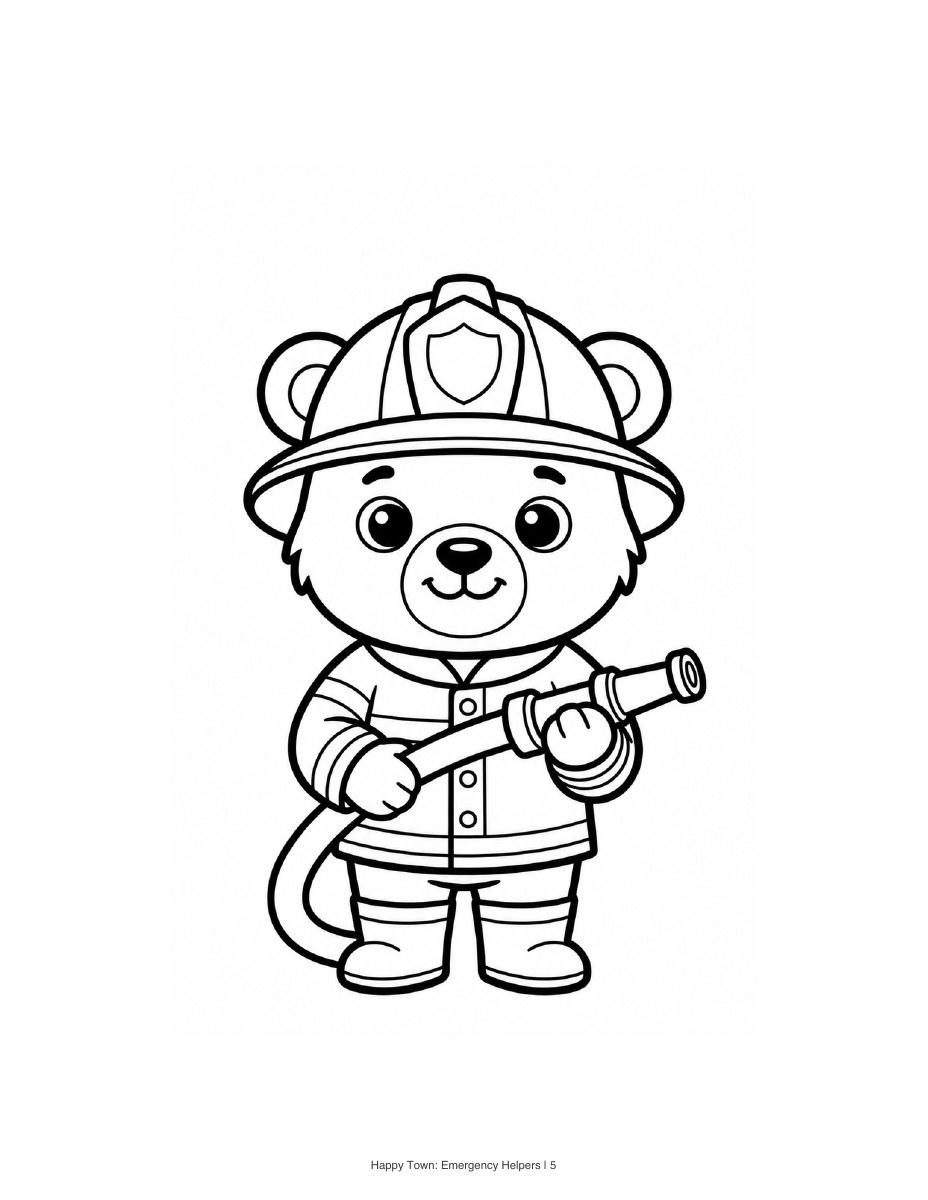Bear firefighter wearing a helmet and coat and holding a hose. Black-and-white printable coloring page.
