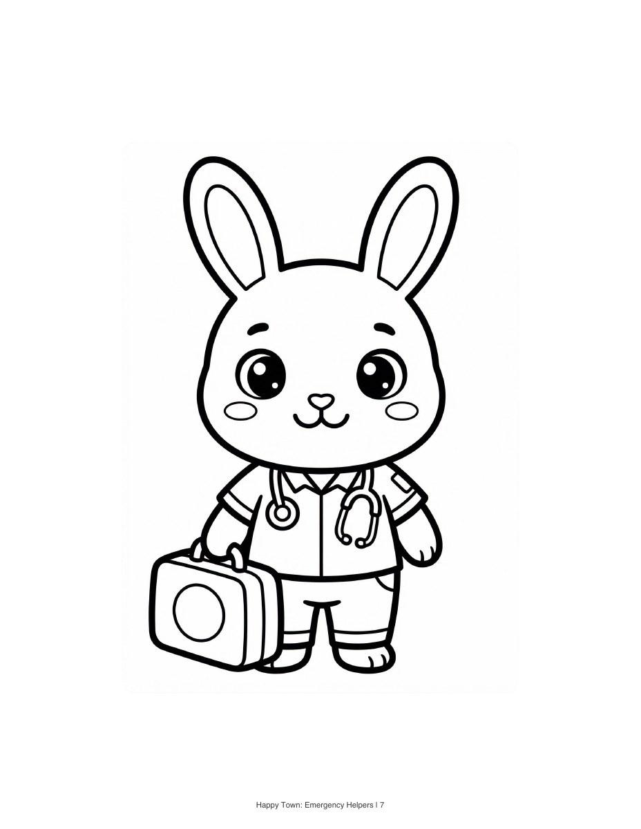Bunny paramedic with a medical bag and stethoscope. Black-and-white printable coloring page.