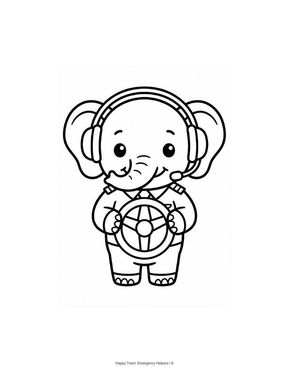Elephant rescue helper in overalls and a headset holding a life ring. Black-and-white printable coloring page.