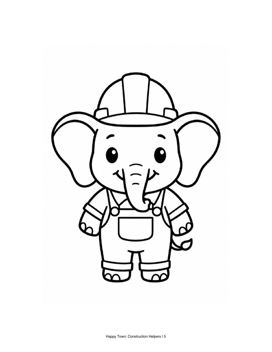 Elephant builder in a hard hat and work overalls. Black-and-white printable coloring page.