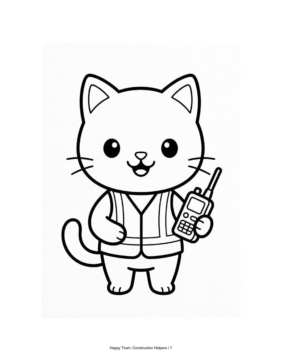 Cat site manager in a safety vest holding a radio. Black-and-white printable coloring page.