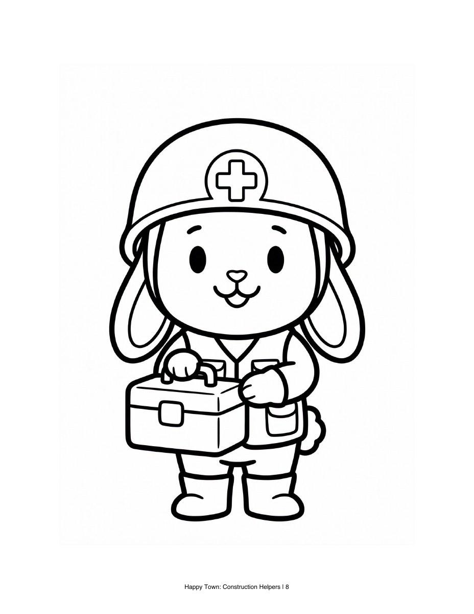 Bunny safety helper in a marked helmet holding a kit. Black-and-white printable coloring page.