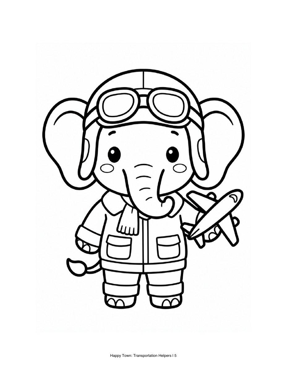 Elephant pilot in goggles and a jacket holding a toy plane. Black-and-white printable coloring page.
