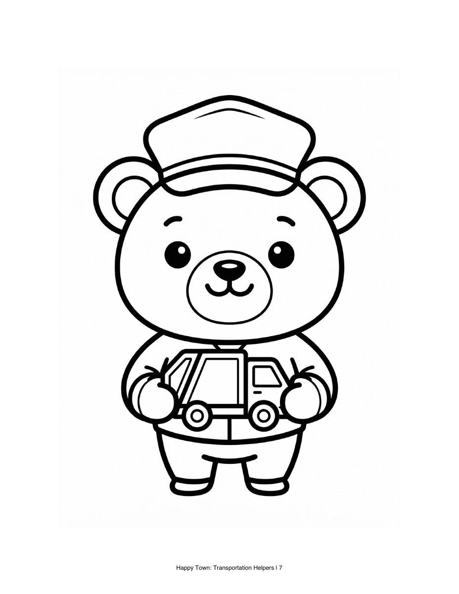 Bear garbage helper in a cap holding a garbage truck. Black-and-white printable coloring page.