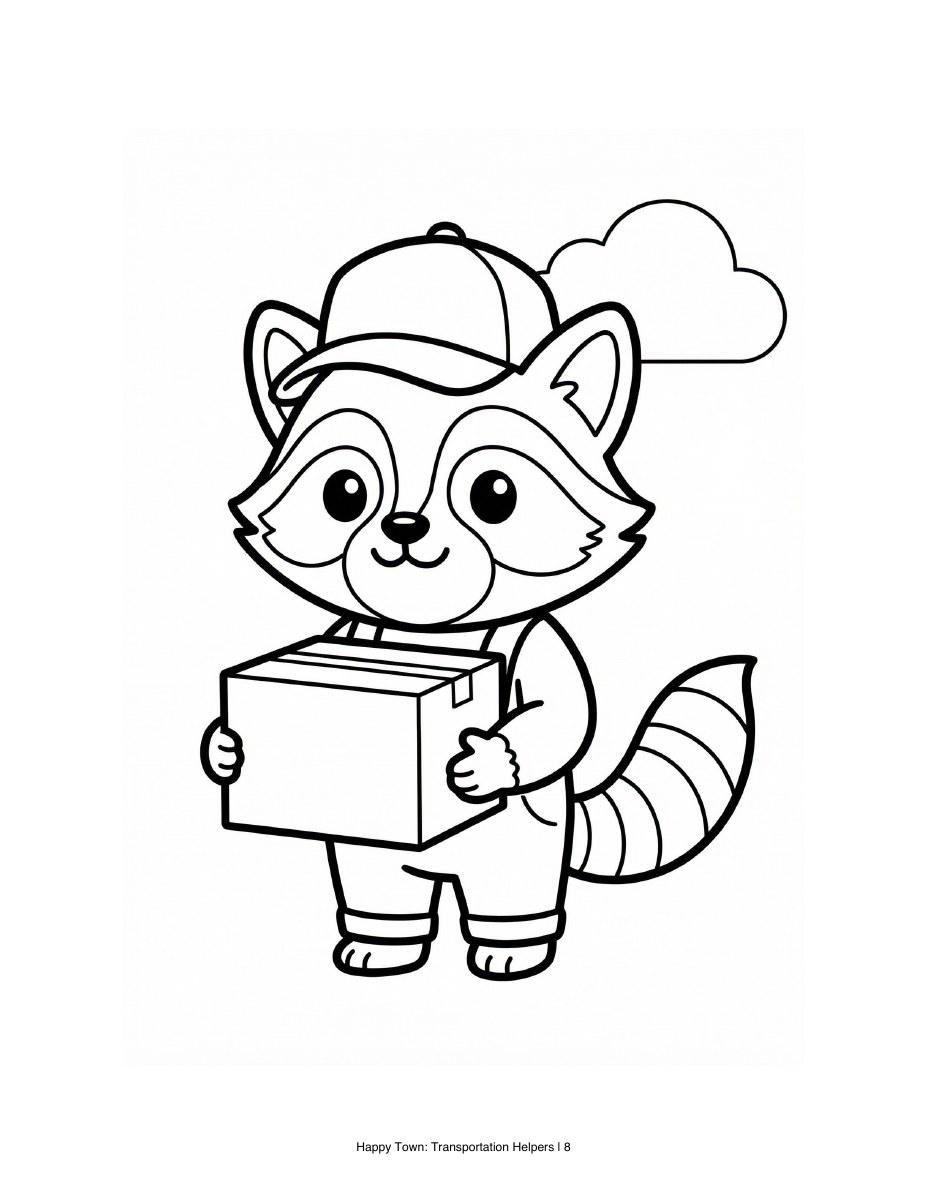 Raccoon delivery helper in a cap holding a parcel. Black-and-white printable coloring page.