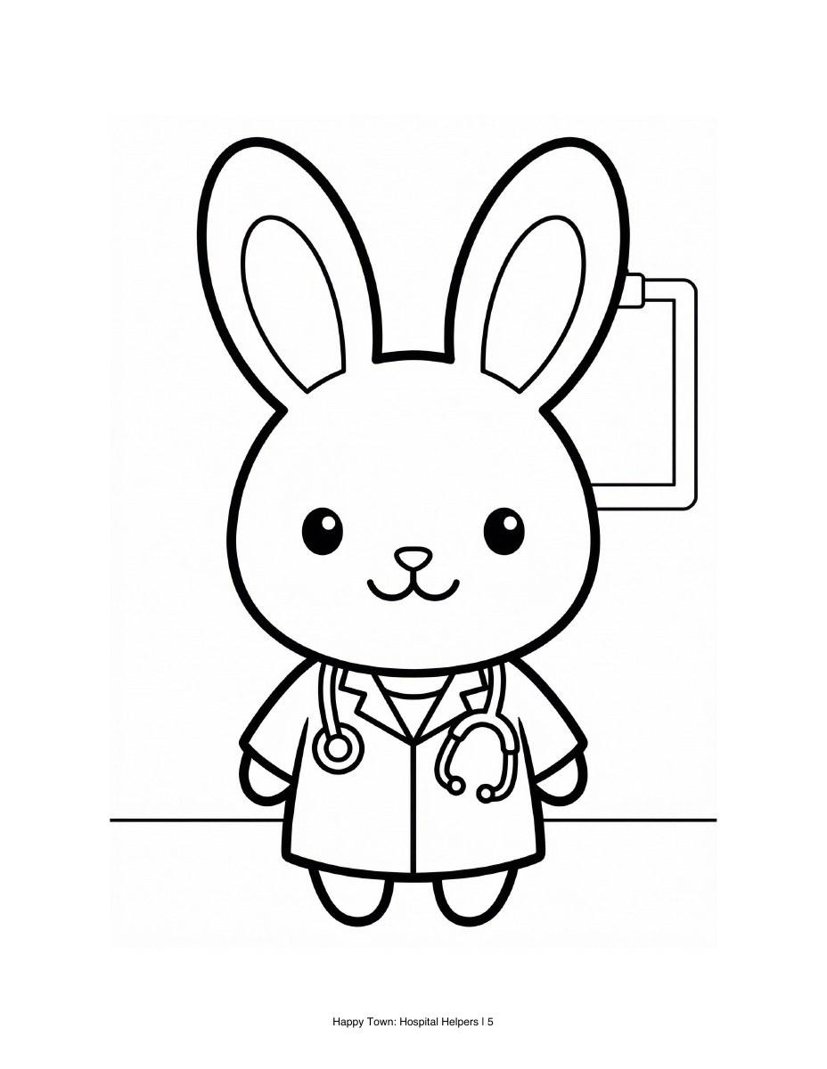 Bunny doctor in a medical coat with a stethoscope. Black-and-white printable coloring page.