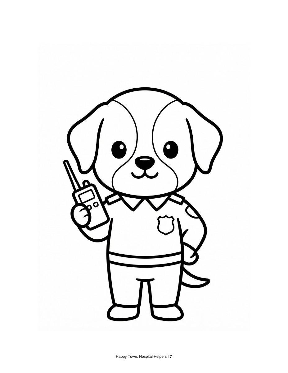 Dog hospital helper in a uniform holding a radio. Black-and-white printable coloring page.