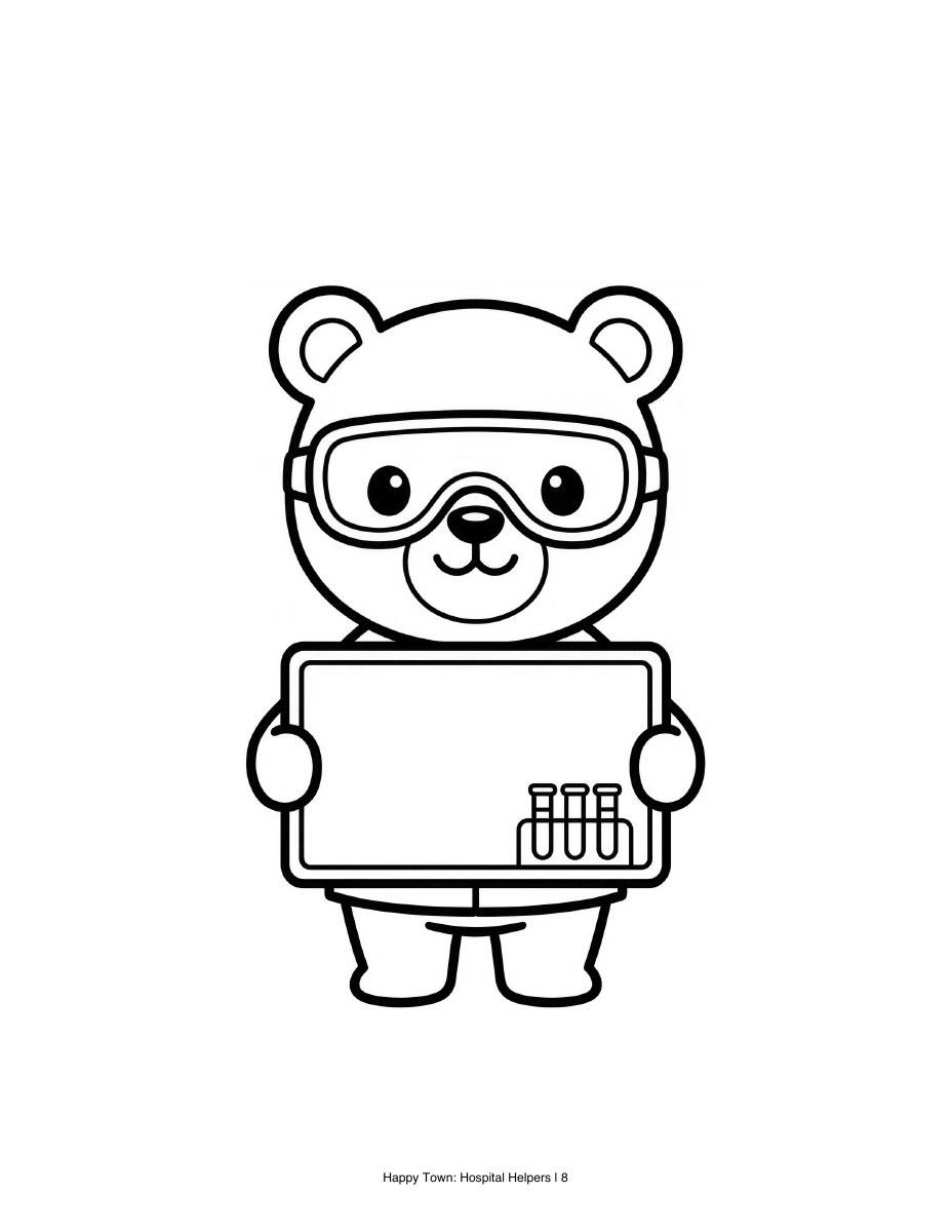 Bear lab helper wearing goggles and holding a board with test tubes. Black-and-white printable coloring page.