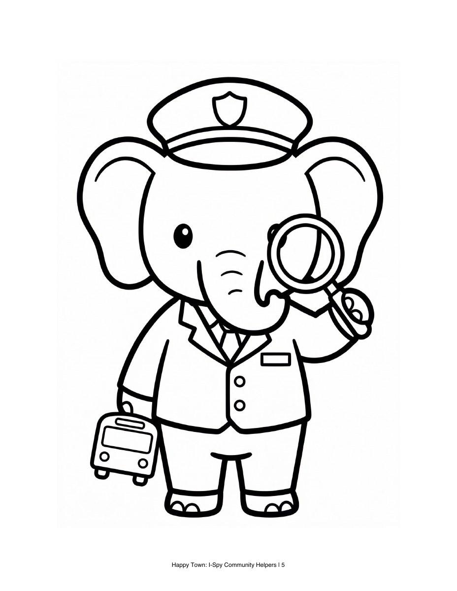 Elephant bus helper holding a magnifying glass and a small bus. Black-and-white printable coloring page.