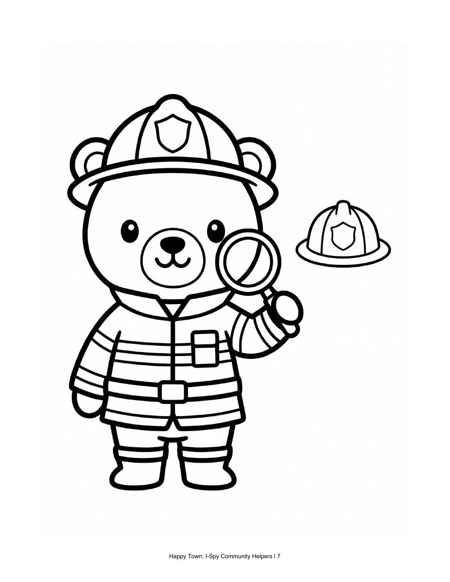 Bear firefighter holding a magnifying glass beside a helmet to spot. Black-and-white printable coloring page.