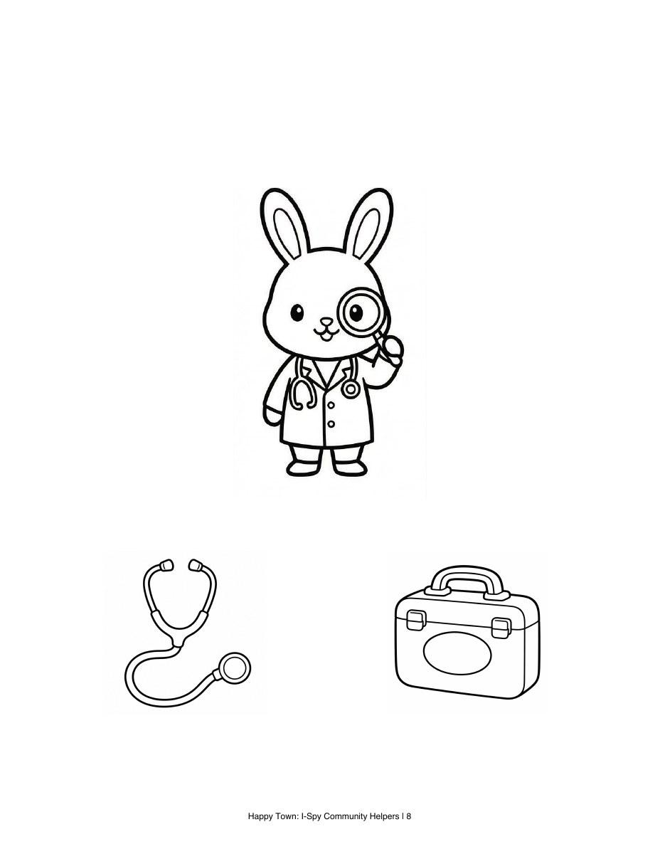 Bunny doctor with a magnifying glass above a stethoscope and a medical bag to spot. Black-and-white printable coloring page.