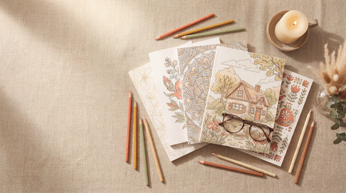 Warm launch shelf workspace with coloring pages