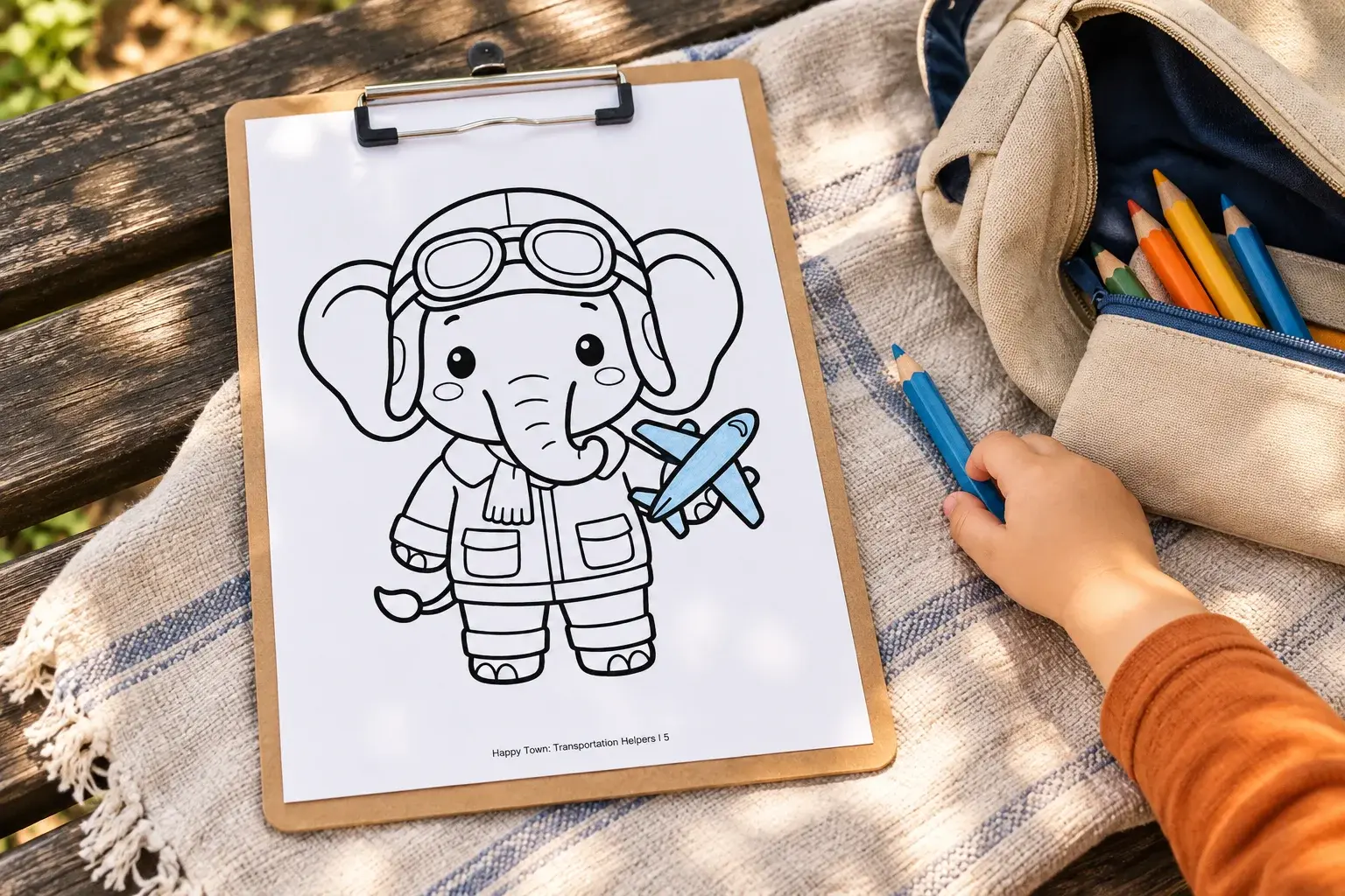AI-styled take-along setup with the Happy Town elephant pilot page on a clipboard beside a canvas bag.
